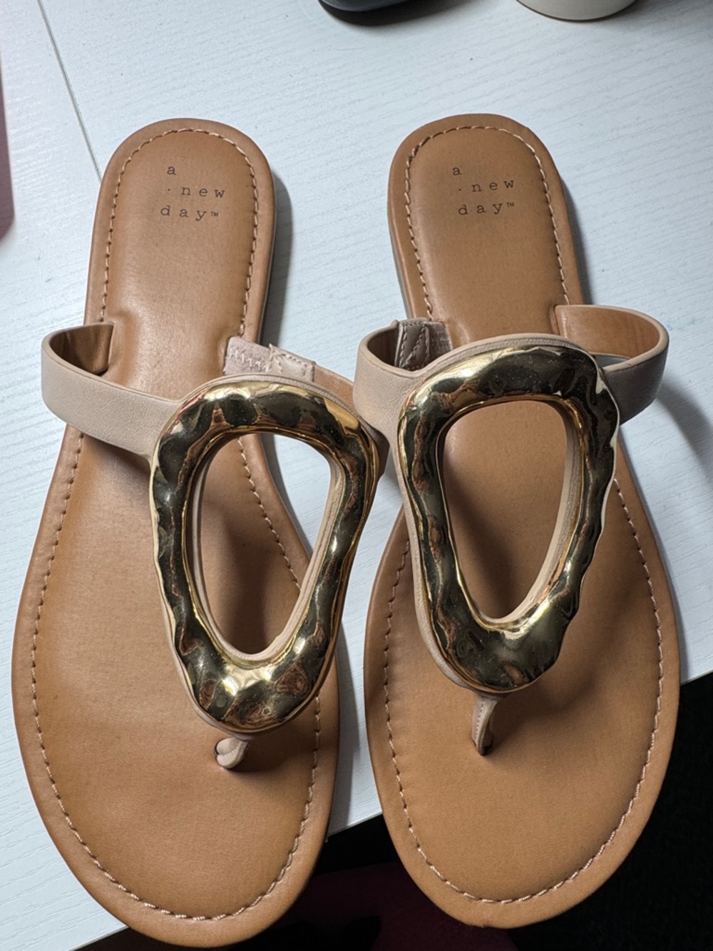 a new day Tan Thong Sandals with Gold Sculptural Accent